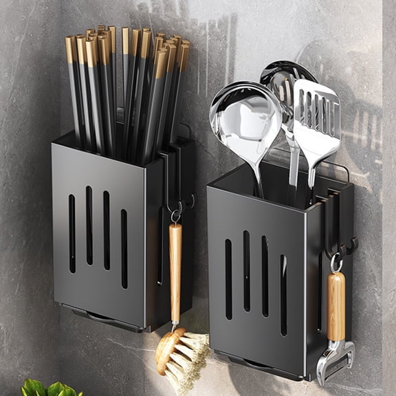 1pc/2pcs Wall-mounted Chopstick Holder Household Kitchen Sink Tableware Storage Rack Punch-free Drain with Water Tray with Hook