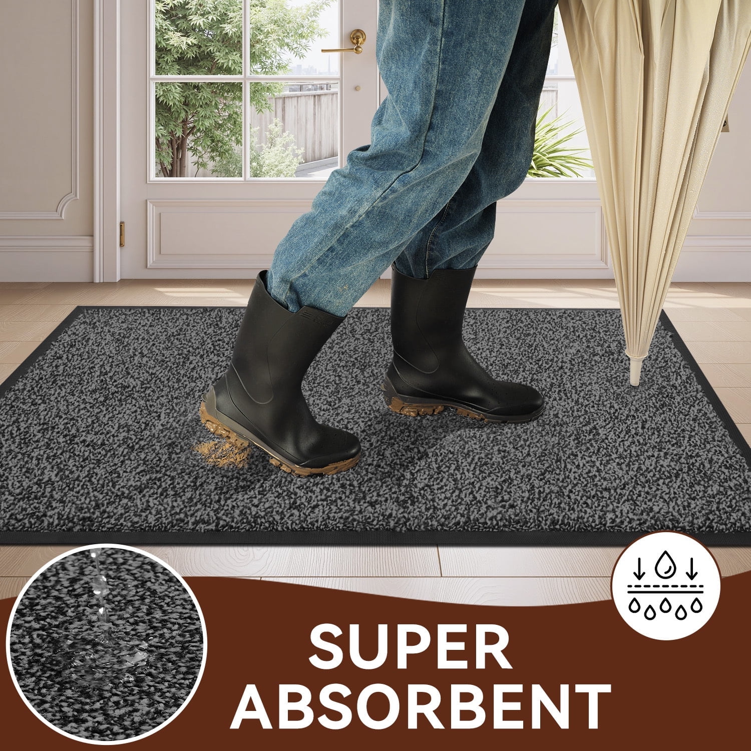 VUNATE 24" x 47" Dirt Trapper Indoor Door mat Non Slip Front Door Mats Absorbent Rubber Entrance Rug Durable Heavy Duty Outdoor Mats Washable Welcome Mats for Outside Gray