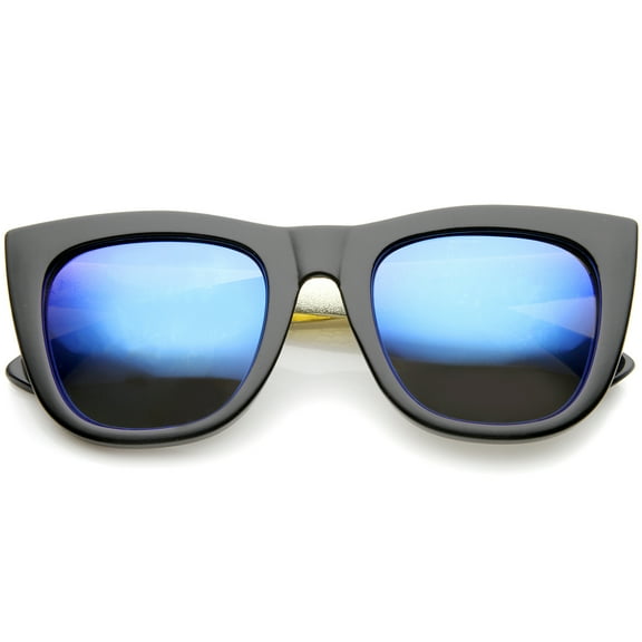 sunglassLA Unisex High Fashion Alligator Metal Temple Mirrored Lens Flat Top Sunglasses (Black-Gold / Blue Mirror) - 50mm