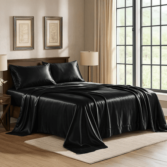 Satin Sheets Queen [-Piece, Black] Hotel Luxury Silky Bed Sheets - Extra Soft 18