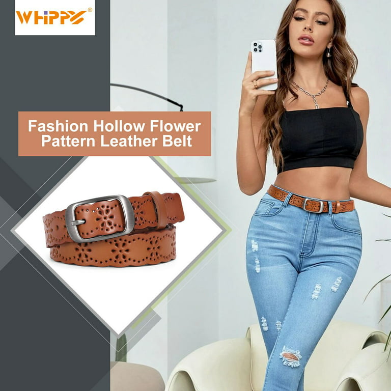 WHIPPY Women Leather Hollow Flower Belt for Jeans, Black Belt with Pin  Buckle 