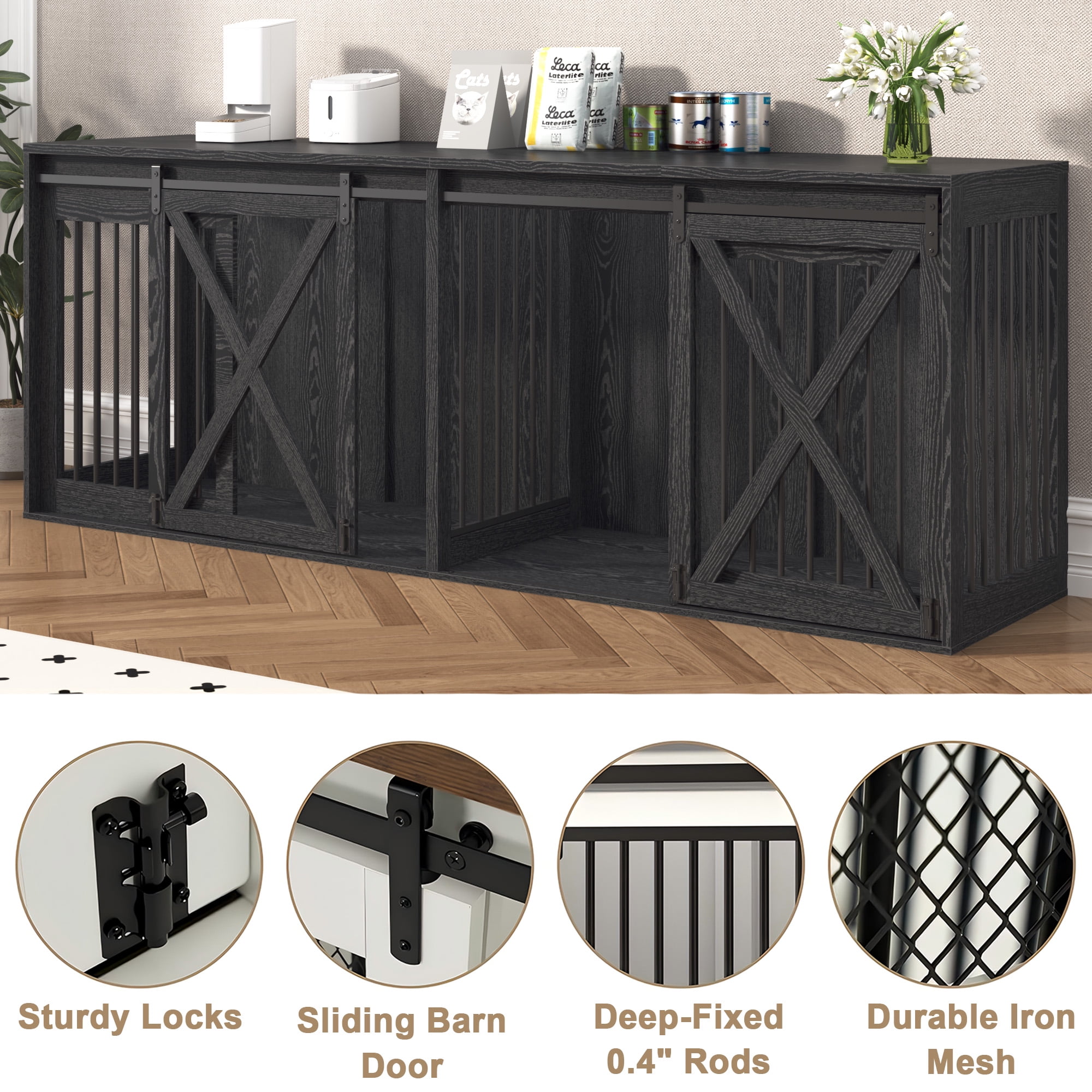 Nordee 94.5" XXXL Dog Crate Furniture for 2 Large Dogs, Heavy Duty Double Dog Cage Extra Large Breed, 35.4" Tall Thick Wooden Dog Kennel TV Stand with Divider, Black