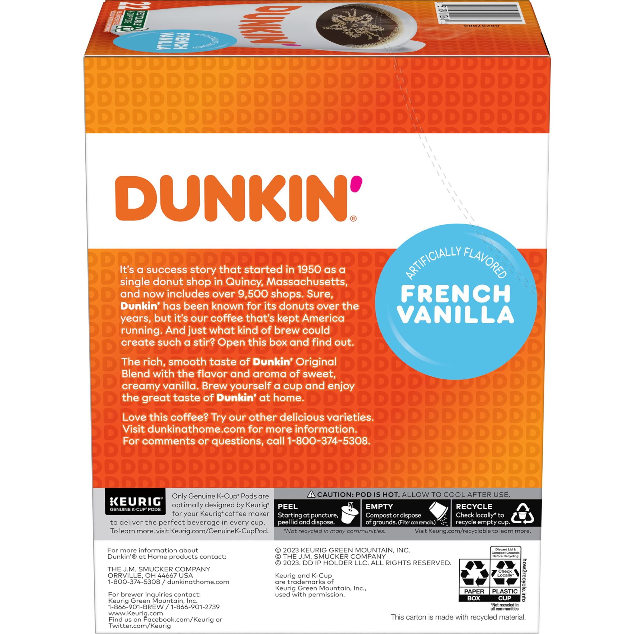 Dunkin’ French Vanilla Artificially Flavored Coffee, Keurig K Cup Pods, 22 Count Box