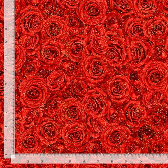 Cotton Packed Red Metallic Roses Flowers Red Timeless Treasures Cotton Fabric Print by the Yard (HOLIDAY-CM2893-RED)