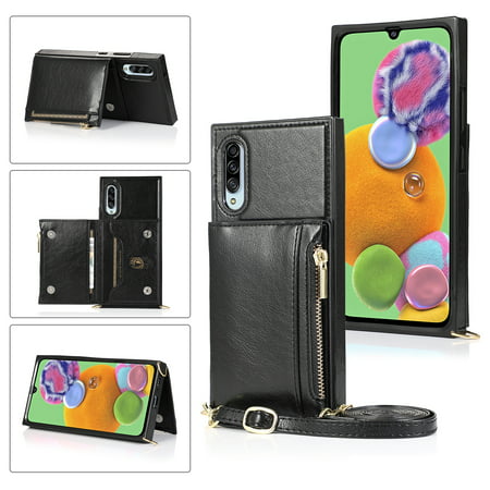 For Samsung Galaxy A90 5G Square Zipper Wallet Bag TPU+PU Back Cover Case with Holder & Card Slots