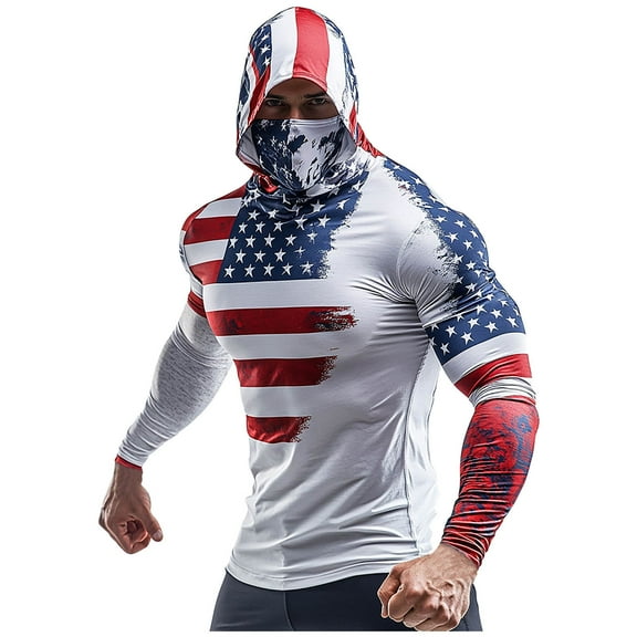 Lumeqa Men's Hooded UPF 50 Sun Protection with Mask Athletic Fishing Shirts USA Flag Rash Guards T Shirts Long Sleeve