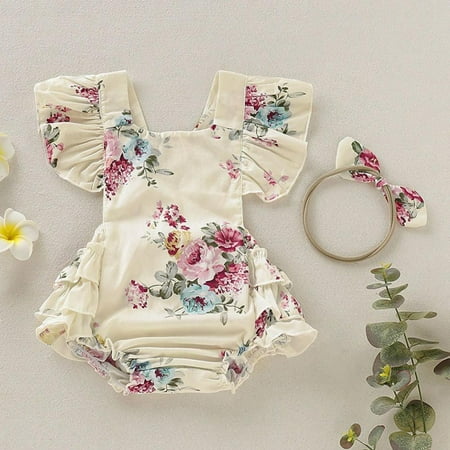 

Promotion Clearance Baby Girls Floral Back Cross Playsuits Ruffled Bodysuit +Headband Print Fly Sleeve Romper Floral Jumpsuit Infant Summer Clothes