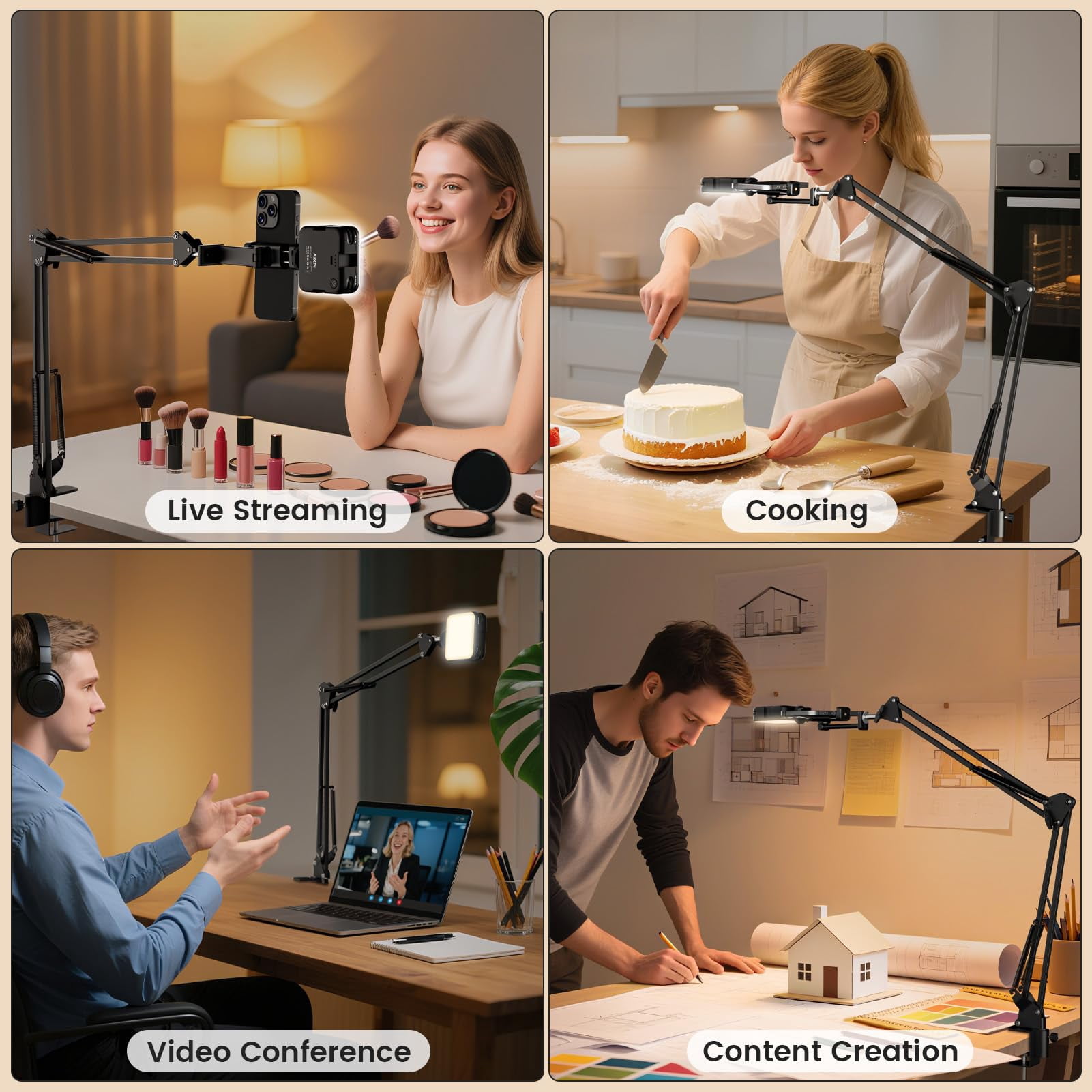 Overhead Phone Mount With Led Selfie Light And Remote  Rechargeable Camera Tripod Stand Flexible Boom Arm Desk Holder For Video Recording Live Streaming Vlogging