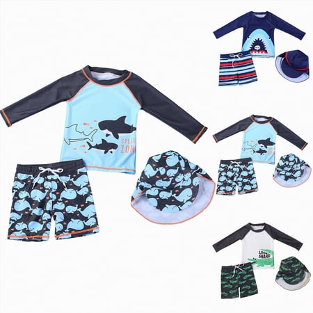 YDFCWXW Toddler Baby Boy Rash Guard Swimsuit 3-Piece Bathing Suit Short Sleeve Zipper Swimwear Swim Suit Trunk with Hat (Black L)