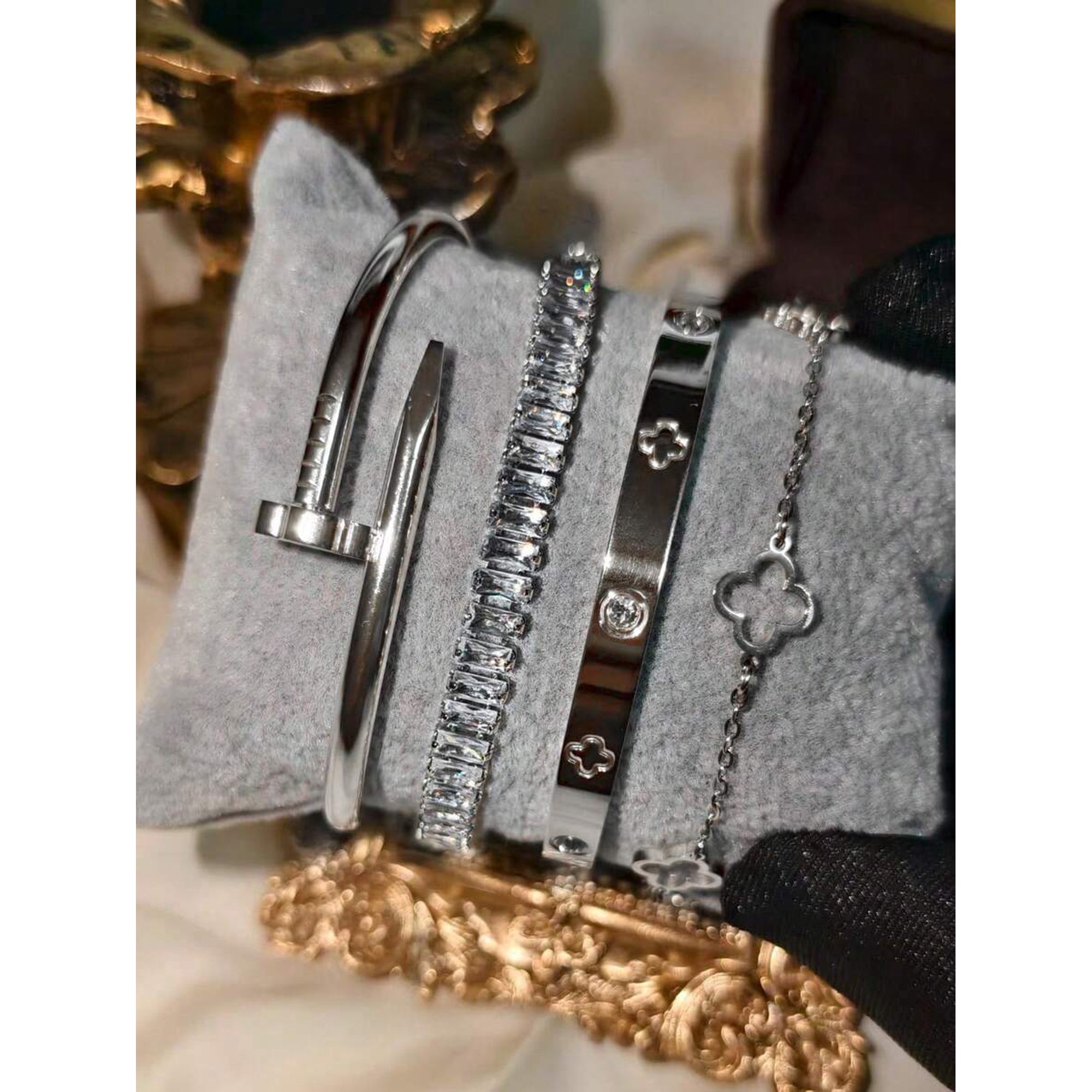 4-Piece Silver-Tone Stainless Steel Rhinestone Clover & Nail Bangle
