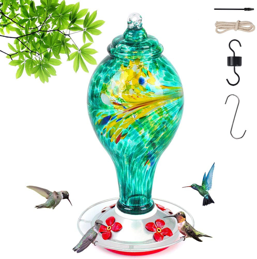 Hummingbird Feeder for Outdoors 36 Ounces Hand Blown Glass Blue Hummingbird Feeders Included Hooks Brush for Garden Tree Yard Outside Decoration 