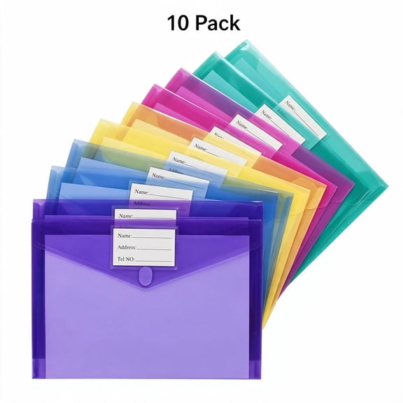 10 Pack Clear Poly Envelopes, A4/US Letter Plastic File Folders with Label Pocket, Office & School Document Organizer