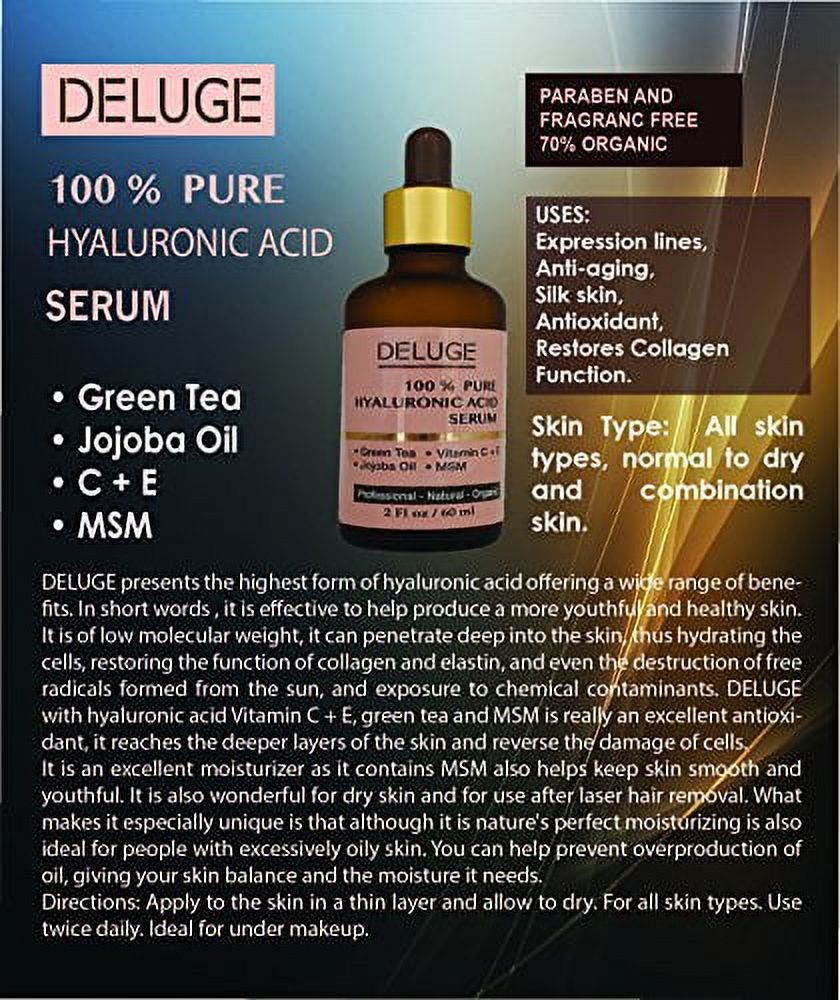Deluge Hyaluronic Face Serum with Vit C, E, Green Tea, Jojoba Oil & MSM - Deep Hydration & Anti-Aging Formula (2 FL oz)