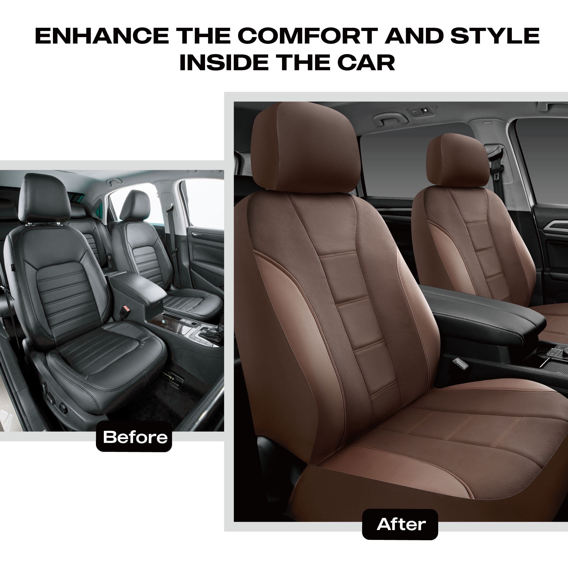 Auto Drive 2Piece Premium Brown Perforated Leather Seat Covers - Universal Fit, Luxury Comfort