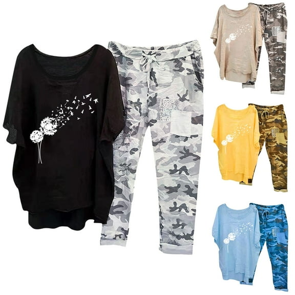 Dazajoo Summer Two Piece Sets for Women Cotton Linen Round Neck Half Sleeve Graphic Tees and Camo Capri Pants Suits 2025 Dressy Casual Loungewear,Black,XXL