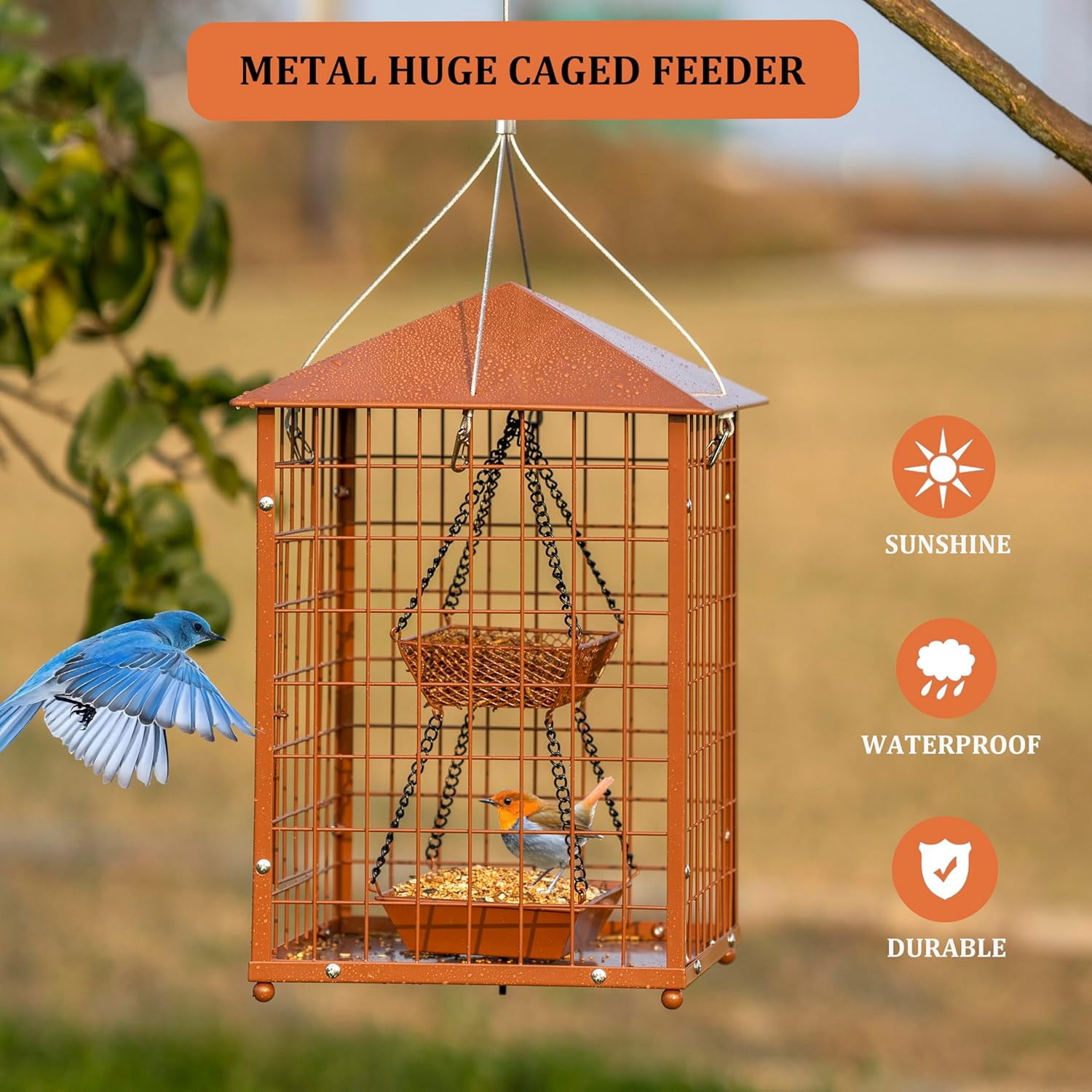 Bird Feeders for Bluebirds - Metal - Huge Caged Squirrel-Proof Bird Feeders with 2 Cups, DIY Wild Bird Feeders Outdoor Hanging (Brown), Attract Wild Birds, 2lbs Seed Capacity+1  Cup