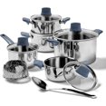 thumbnail image 1 of T-FAL Essentials Stainless Steel Cookware Set 12 Piece, Induction Compatible, Oven Safe 350F, Cooking Set w/Stewpots, Stockpot, Saucepan, Lids & Tools, Measuring Marks, Dishwasher Safe, Silver/Blue, 1 of 9