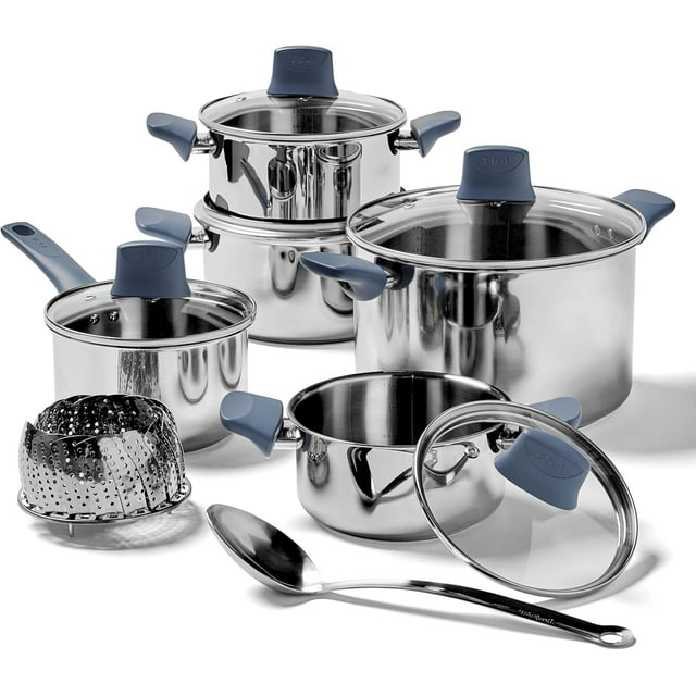 T-FAL Essentials Stainless Steel Cookware Set 12 Piece, Induction Compatible, Oven Safe 350F, Cooking Set w/Stewpots, Stockpot, Saucepan, Lids & Tools, Measuring Marks, Dishwasher Safe, Silver/Blue