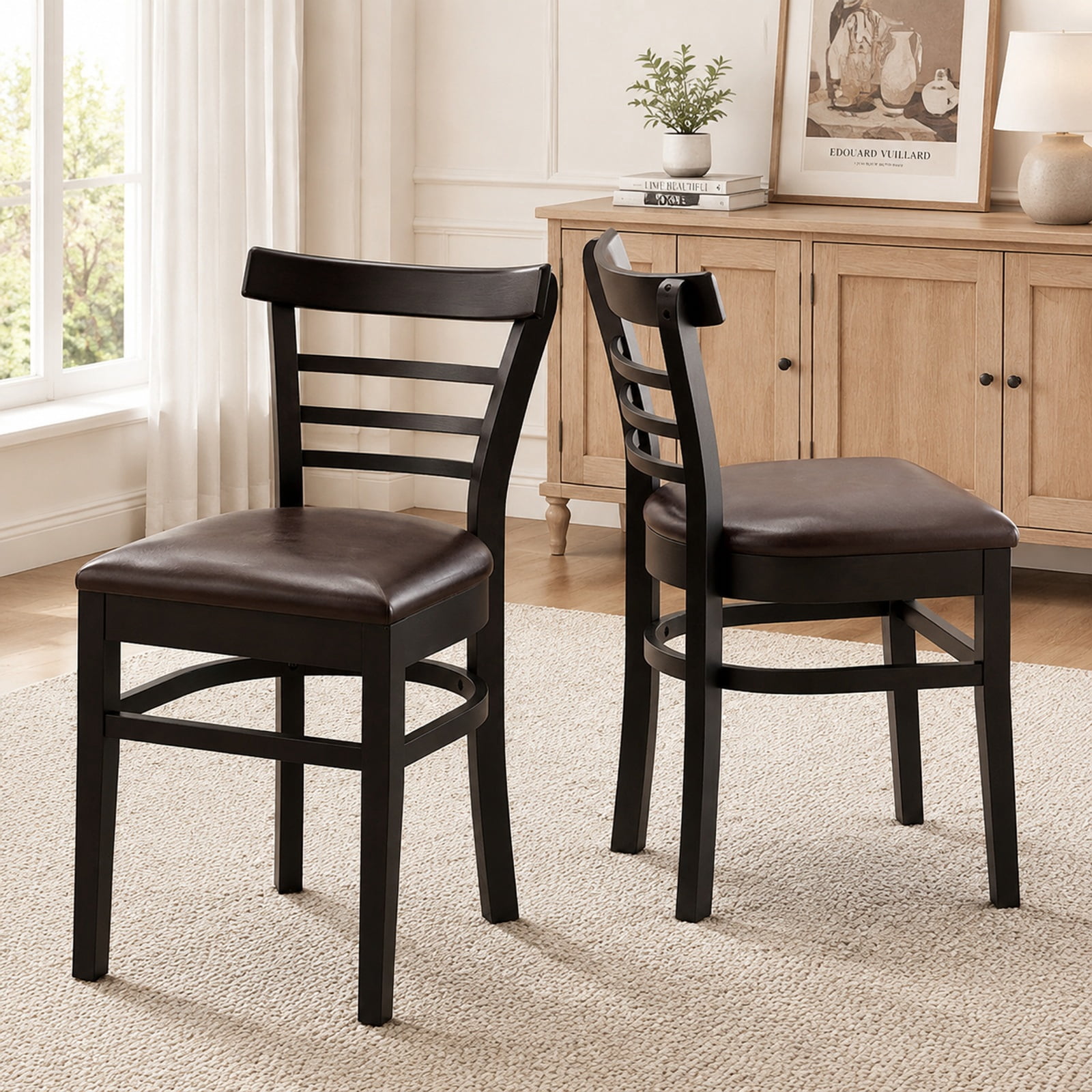 Furnibear Wooden Dining Chairs Set of 2 with Faux Leather Seats and Rubber Wood Legs for Restaurant Kitchen and Dining Room, Black
