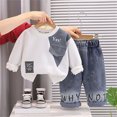thumbnail image 2 of Little Boys Fall Winter Outfit Set, Long Sleeve Crewneck Sweatshirt Elastic Cuffed Joggers Daily Outdoor School Casual Layering Suit Toddler Boys Winter Clothes,1-2 Years,White, 2 of 9