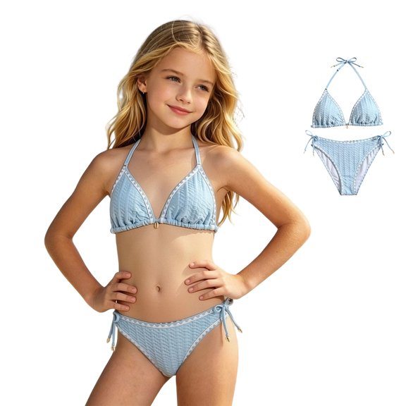 XINXIAOO Girls Halter Triangle Bikini Two Piece Swimsuit Textured Fabric Side Tie Light Blue Quick Dry Bathing Suit Summer Swimwear for Kids Girls 14-15 Years