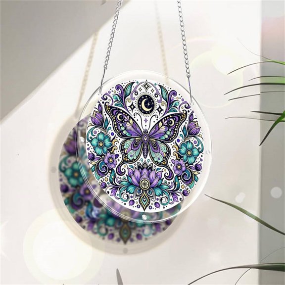 Deeceymbur Round Acrylic Puzzle Suncatcher Stained Glass Style Window Hanging Ornament for Patio Balcony Decor