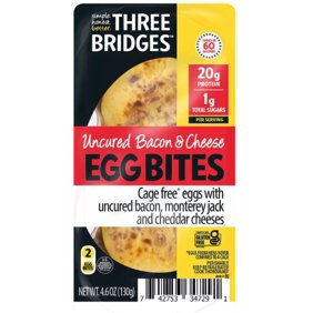 Three Bridges Uncured Bacon & Cheese Egg Bites, Gluten Free, 4.6 oz 2 Count Tray (Refrigerated)