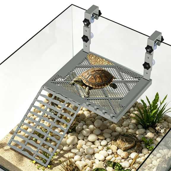 Whitejianpeak Hanging Turtle Basking Platform with Built-in Food Tray, Adjustable Height 5.5-7.8in Basking Platform with Turtles Dock, Non-Slip Ramp,for 25-75 Gallon Aquariums Turtle Tank Accessories