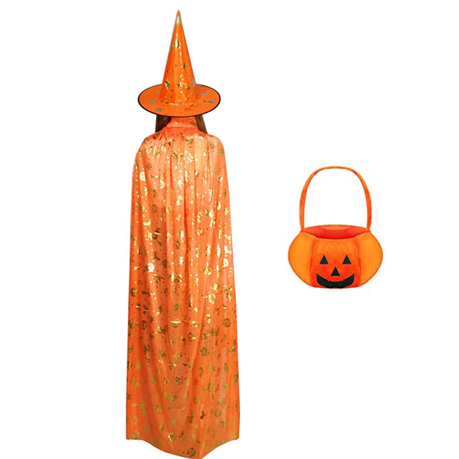 Halloween Wizard Cape Witch Cloak with Hat and Pumpkin Bag, Children's