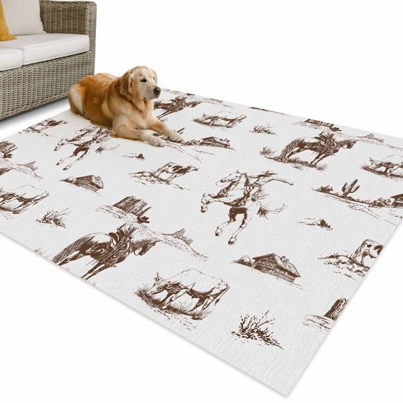 Outdoor Rug 4x6 ft Western Farmhouse Waterproof Outdoor Patio Rug Mat Non Slip Outside Area Rugs Carpet for RV,Camping,Porch,Deck,Pool,Balconybackyard,Cowboy Horse Desert Brown White