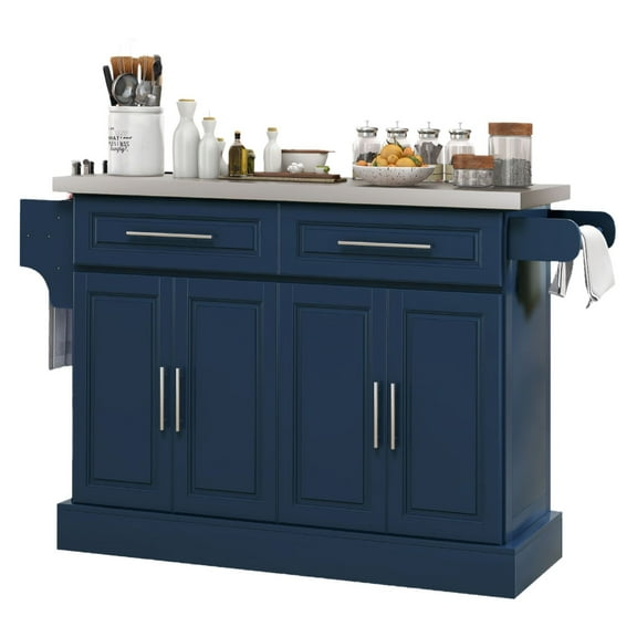 Kitchen Island with Stainless Steel Top, Navy Blue - Rolling Kitchen Cart with Drawers, Spice Rack, Towel Rack & Cabinets