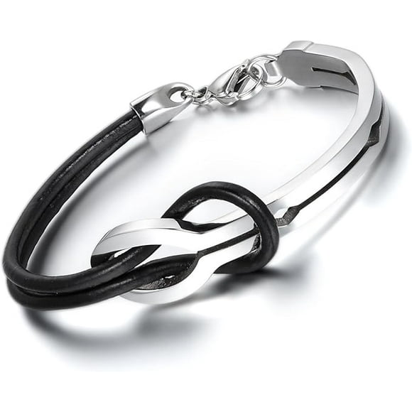 Men Women Love Infinity Leather Bracelet, Stainless Steel Cuff Bangle 8" Black