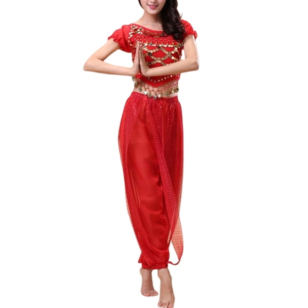 Qarigey Pantalones de danza del vientre indio para mujer, conjunto de traje con parte trasera de baile, ropa de danza del vientre para mujer Disfraces de disfraces Rojo Tamaño libre Qarigey AP019210-17