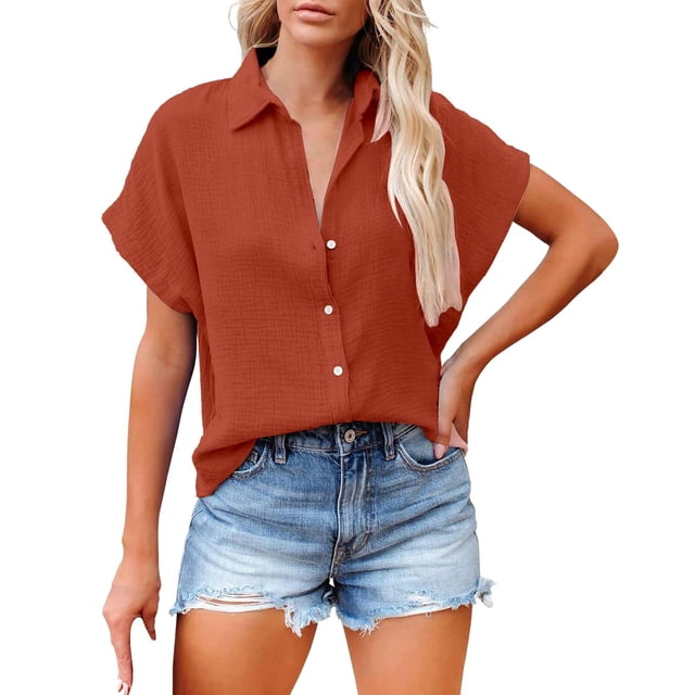 Uooqdmx Chemise Boutonnée pour Femmes, Hauts en Lin pour Femmes, T-Shirts Basiques pour Femmes, Chemise Décontractée à Manches Courtes Unie, Hauts de Sortie pour Femmes, Marron L