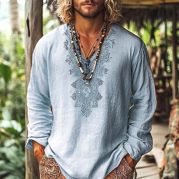 Snorda Long Sleeve Shirts for Men Linen Boho Printed V Neck Pullover Shirts Casual Loose Breathable Blouse for Daily Comfortable Wear