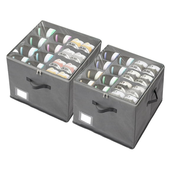 Lumikrypt 2 Pack Shoe Organizer for Closet, 12 Grids Foldable Shoe Storage Box with Clear Cover, Shoes Holder with 3 Handles, Shoe Box Storage Containers, Gray