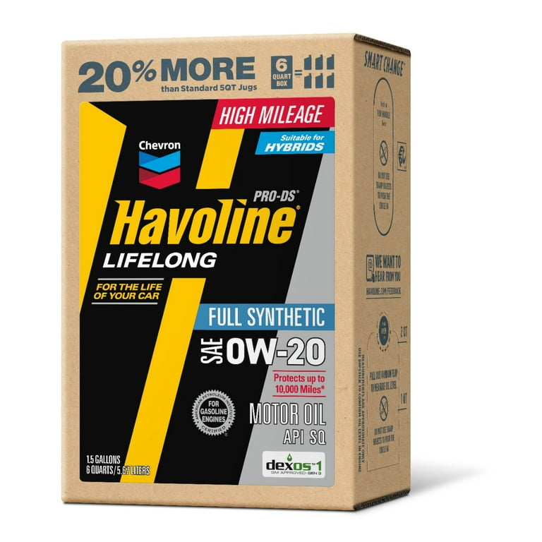 Chevron Havoline Lifelong 0W-20 Full Synthetic Motor Oil, 6 Quarts