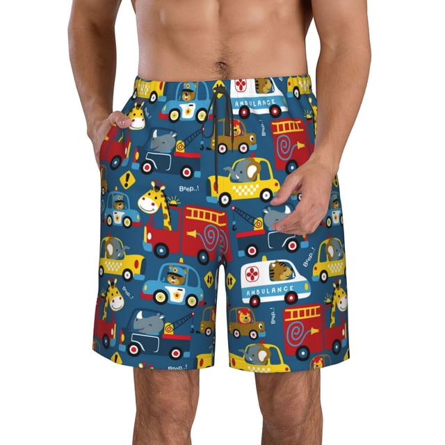 Balery Vehicles Cartoon with Funny Drivers,Animal Drivers Traje de Baño Estilo Hawaiano para Hombre, Shorts de Secado Rápido con Bolsillos-3X-Large