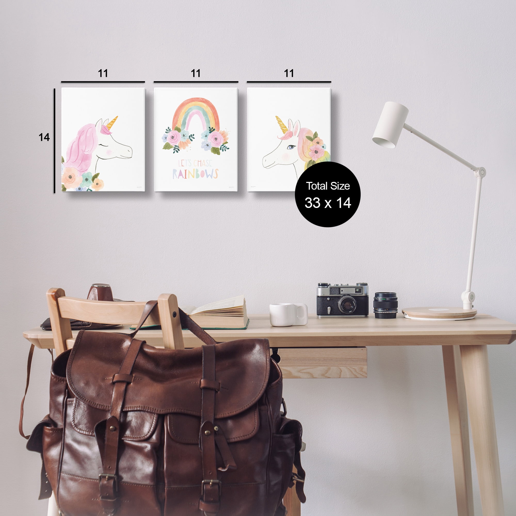 Stupell Industries Let's Chase Rainbows Unicorns Fairy Tales & Fantasy Painting Gallery Wrapped Canvas Art Print Wall Art, 11 x 14, Set of 3