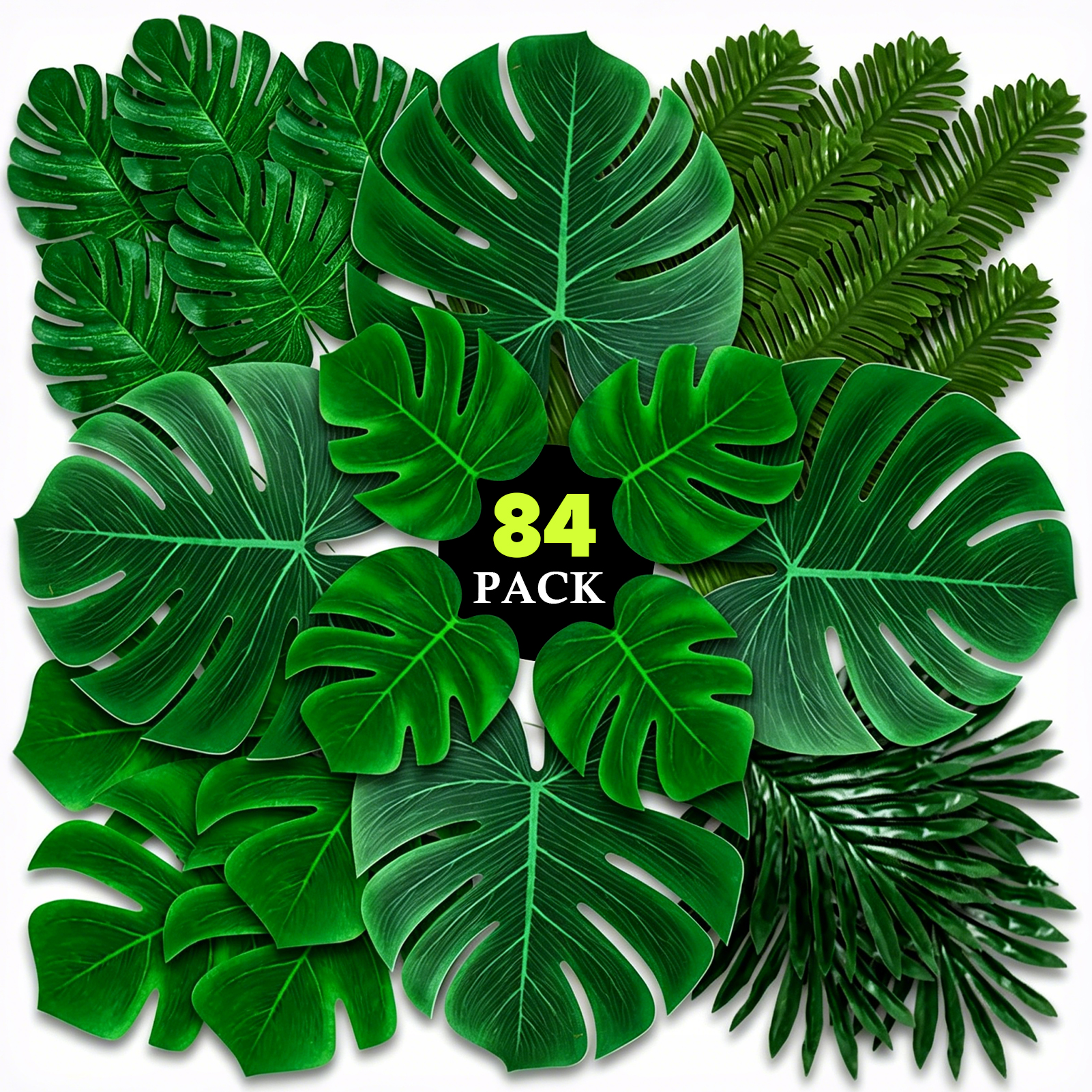 Amaopus 84 Pcs Artificial Palm Leaves, 6 Kinds Large Small Green Fake Palm Leaf with Stems for Safari Jungle Hawaiian Luau Party Table Decoration Wedding Birthday Theme Party