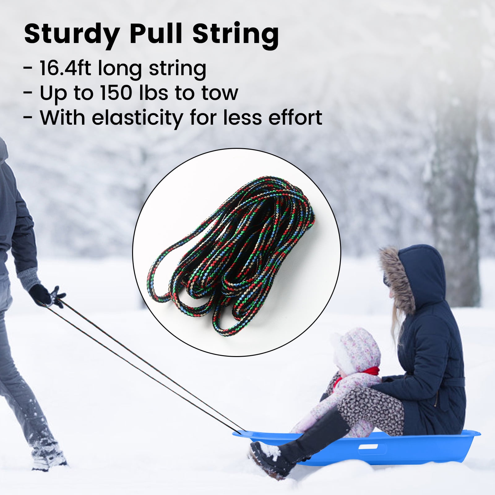 Blue Toboggan Sled, 3FT Heavy-Duty Snow Sled with Built-in Handles and Tow Rope for Family Winter Fun, Winter Activities