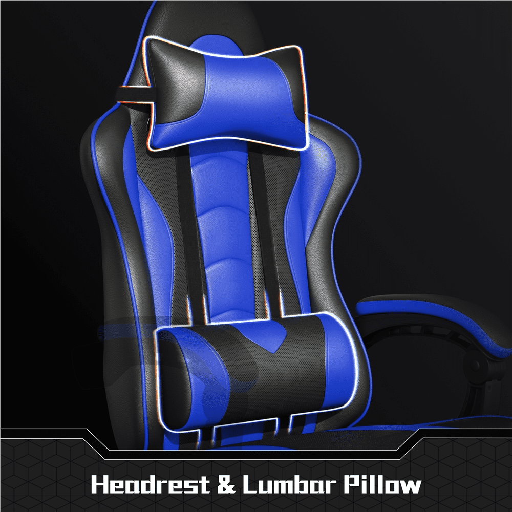 Alden Design High Back Reclining Ergonomic Gaming Chair with Slide Out Footrest, Black/Blue