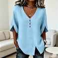 thumbnail image 4 of Yteetum 3/4 Length Sleeve Shirts for Women Summer V Neck 3/4 Sleeve Cotton Linen Tops Womens Casual Solid Loose Lightweight Comfy T Shirts, 4 of 7