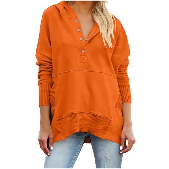 UTSJKR Oversized Hoodies for Women Thick Half Button V Neck Long Sleeve Sweatshirts Ribbed Pullover with Pockets Orange M