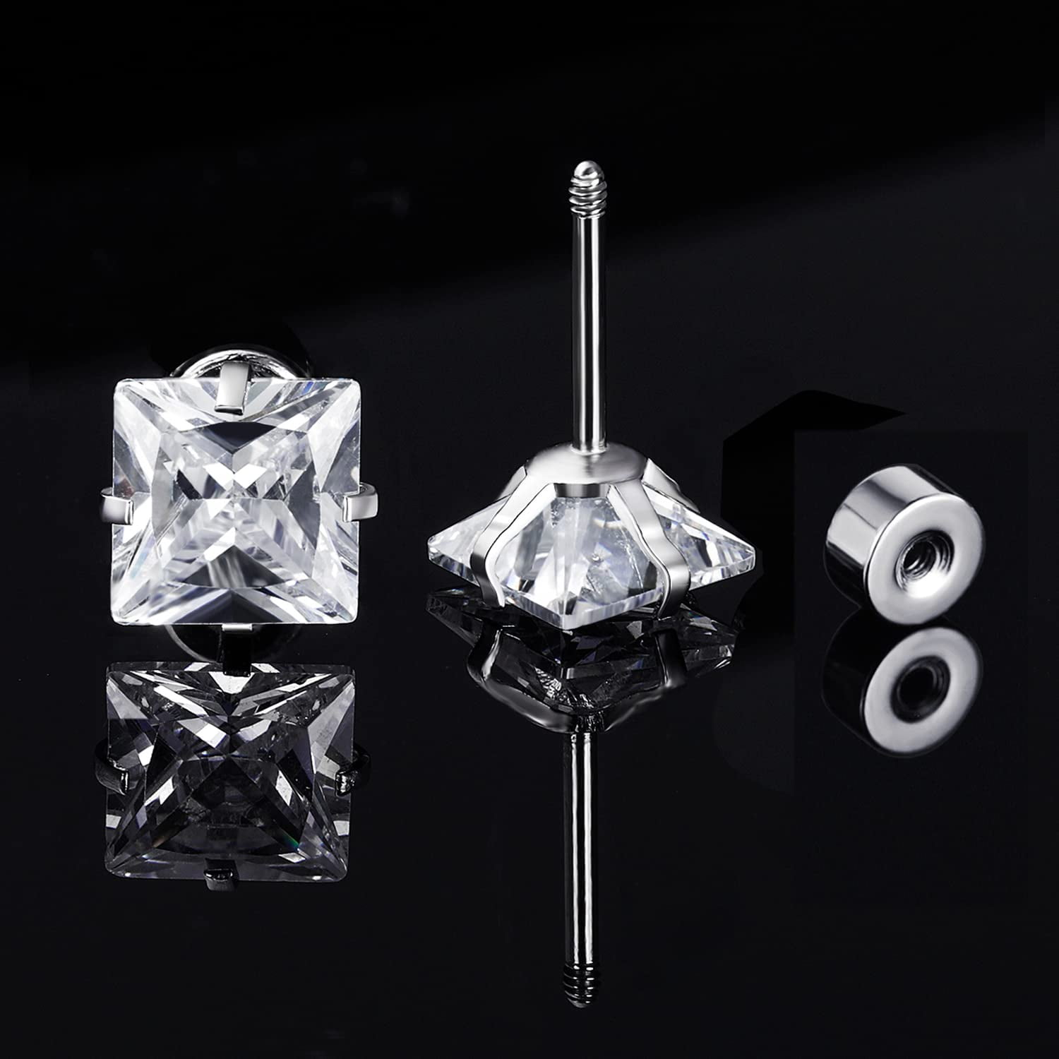 Gemsme Surgical Stainless Steel Stud Earrings 3-7mm Cubic Zirconia Inlaid Hpoallergenic Screw Back Earring Studs for Woman Mens Sensitive Ears, Adult