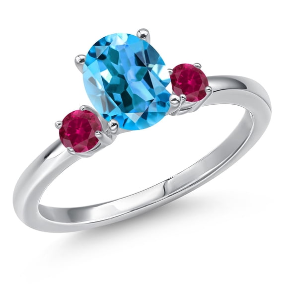 Gem Stone King 14K White Gold Swiss Blue Topaz and Red Created Ruby Engagement Ring for Women | 1.78 Cttw | Oval 8X6MM | Gemstone November Birthstone | Size 5