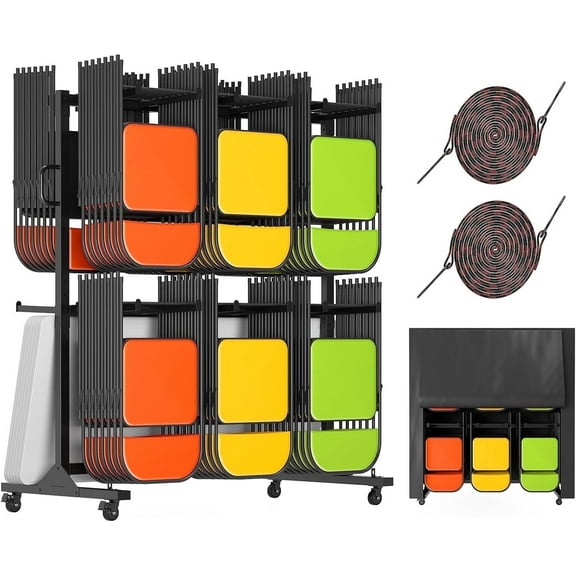 Jocisland Folding Chair Rack 12 Tables or 84 Chairs Storage 1100 lbs Capacity Heavy-duty Folding Chair Cart With Wheels, 2 Elastic Cords, Cover, Black