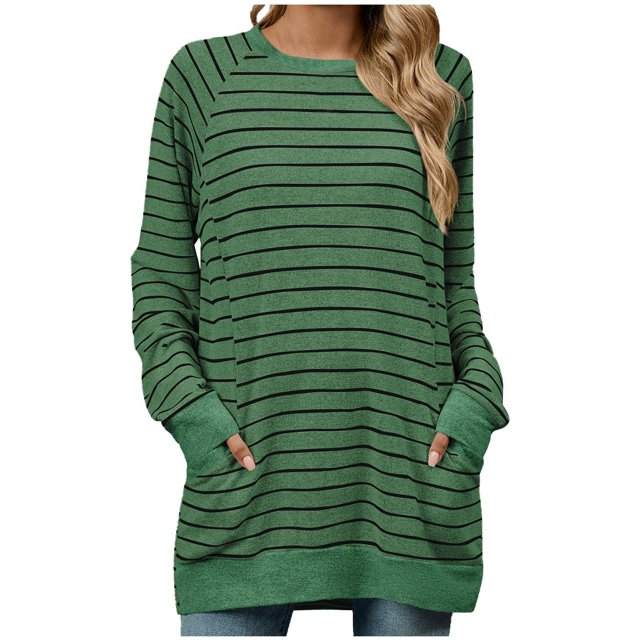 Lenpel T-Shirts Surdimensionnés pour Femmes Manches Longues Col Rond Tunique Ample Rayée Hauts Doux Décontractés avec Poches (Vert, Grand)