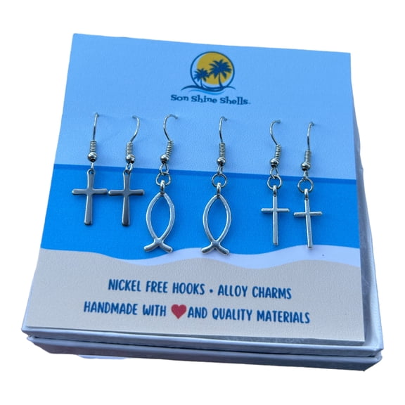 Silver Christian Cross & Ichthys Fish Earrings Set - Nickel Free
