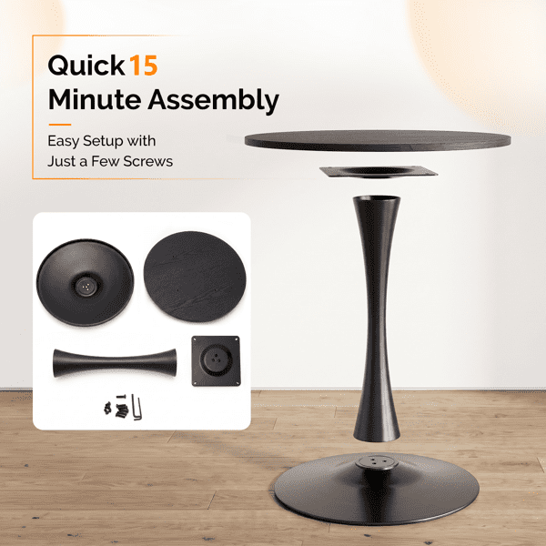 Round Tulip Dining Table, 27.6 Inch Circular Kitchen Table for 2 People, Melamine Laminated MDF Tabletop with Metal Pedestal Base, Easy Assembly Breakfast Table for Dining Room, Apartment, Black